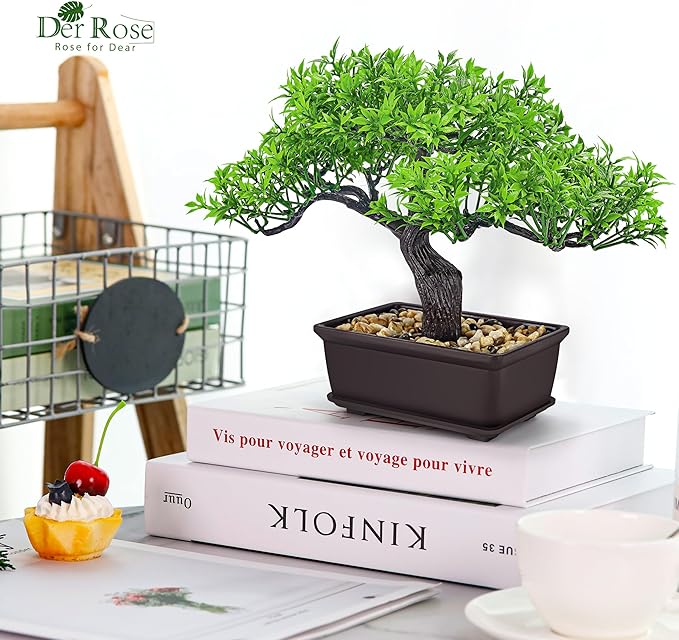 Der Rose 8'' Artificial Bonsai Tree Small Fake Potted Plants for Mens Zen Japanese Home Office Desk Bathroom Shelf Decor Indoor