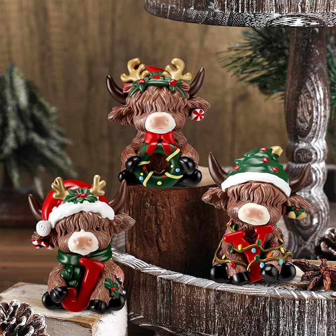 Karenhi 3 Pcs Joy Christmas Highland Cow Figurines Xmas Highland Cow Gnomes Herd Scottish Resin Statue Calf Lovers Gifts for Home Garden Kitchen Office Tiered Tray Table Decor