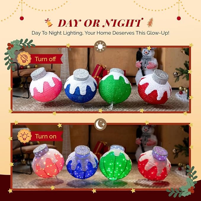 VINGLI 4 Packs Pop Up Ornaments Collapsible Christmas Decorations with 320 LED Lights, 18in Pre Lit Christmas Ball Holiday Decor for Indoor Outdoor Lawn Garden Patio, 4 Packs