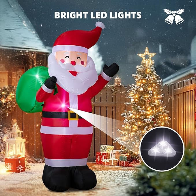 6FT Christmas Inflatable Santa Outdoor Decoration, Blow up Santa Claus Carrying Gift Sack Yard Decoration, Large Inflatable Santa Decor for Xmas Holiday Garden Lawn Patio