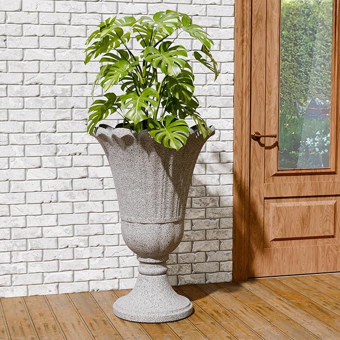 23.6" Tall Plastic Urn Planters for Outdoor Plants, Set of 2 Heavy-Duty Classic Indoor Large Flower Pots with Drainage Holes & Petal Design, Outdoor Planters for Porch, Home Garden, Grey