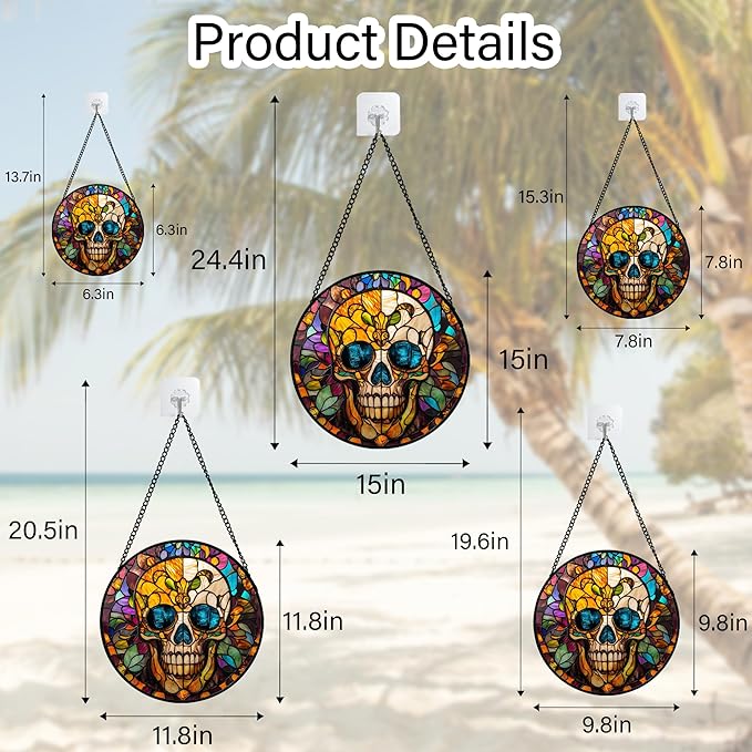 Stained Glass Window Hanging Halloween Retro European Colorful Skull Large 11.8" - Suncatcher Door Garden Sun Catcher Gothic Decor Birthday Horror Funny Gift for Mom Woman Nana Friend Men