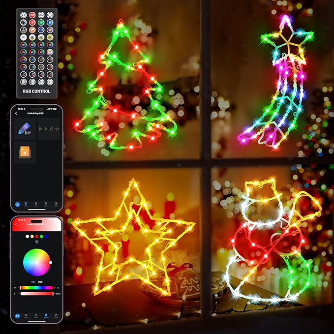 4 Pack Smart Christmas Window Lights, Window Silhouette Lights, Christmas Decorations Indoor,Custom & Preset Modes,APP Control Snowman, Meteor, Christmas Tree, Star for Door Glass