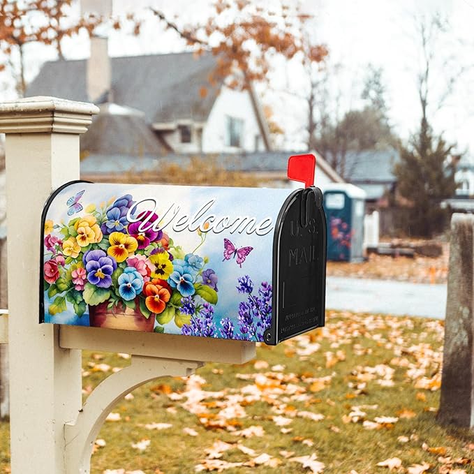 Welcome Spring Summer Magnetic Mailbox Cover - Standard Size 18 X 21 Inch With Flowers and Butterfly - Floral Wraps for Post Letter Box - Outdoor Garden Yard Home Outside Decoration