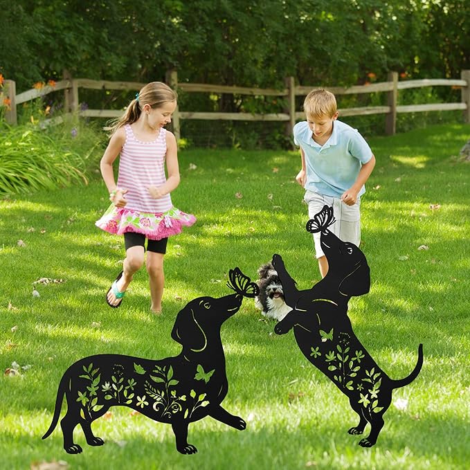 Dachshund Decorative Garden Stakes, 2 Pcs Dachshund Gifts for Women Men Metal Garden Stakes, Dog Butterfly Floral Silhouette Outdoor Yard Art Lawn Decor