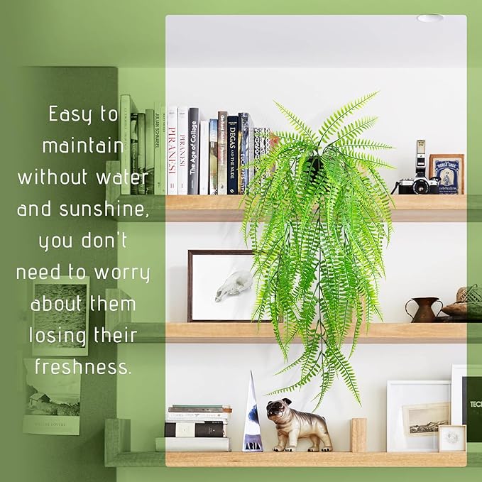 Small Artificial Hanging Plant for Shelf Fake Plant Potted Boston Ferns Faux Trailing Leaves Plant for Indoor Outdoor Aesthetic Office Living Room Shelf Decor (Black Pot)