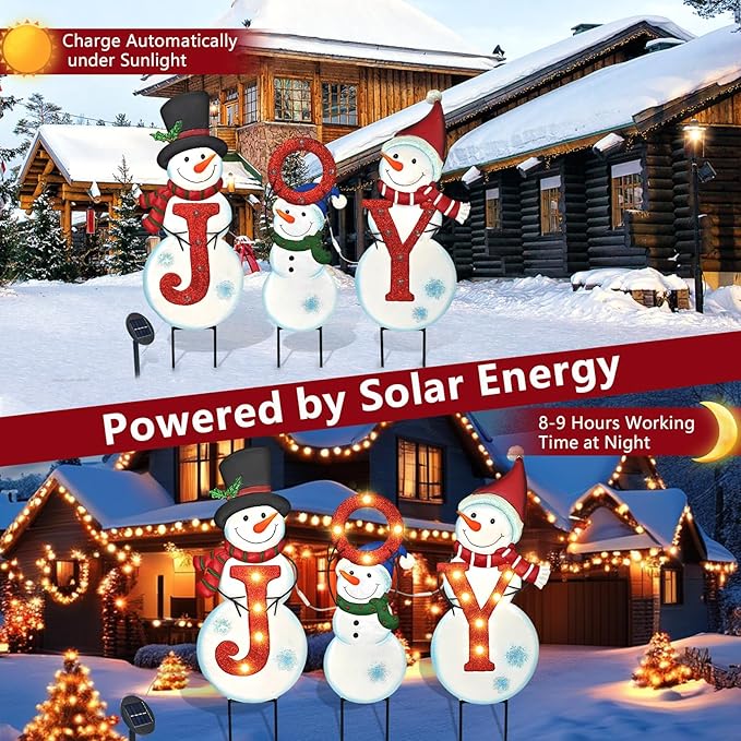 Christmas Outdoor Yard Signs Decorations, LED Solar Metal Garden Stake Lights with Joy for Patio Lawn Christmas Decor (Snowman Family)