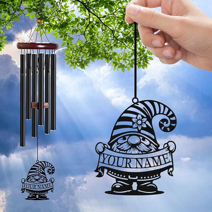 Personalized Customize Name Gnome Wind Chime, Metal Iron 37 Inch Outdoor Memorial Gift for Garden Yard Patio Home Decor, Black，Christmas (Style I)