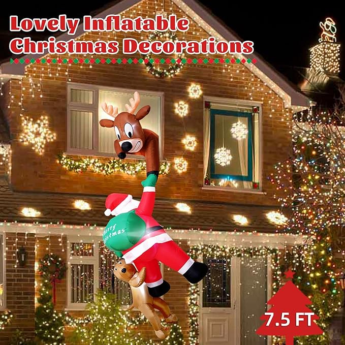 7.5 Ft Christmas Inflatable Outdoor Decoration, Hanging Christmas Inflatables Climbing Santa with Reindeer and Dog, Blow Up Inflatable with Build-in LEDs for Xmas Party Roof Yard Garden Lawn Decor