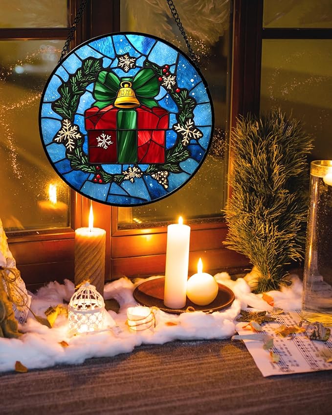 Stained Glass Window Hanging - Holly Branch Gift Box Suncatcher for Doors Home Christmas Decoration Winter Sun Catcher Thanksgiving New Year Birthday Gifts for Women Men Mom Nana Girl 11.8 in