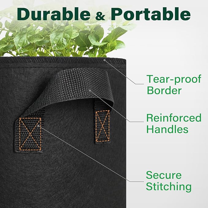 LotFancy 5-Pack 10 Gallon Grow Bags, Thickened Nonwoven Aeration Fabric Pots with Reinforced Handles, Heavy Duty Gardening Planter Containers for Vegetables Flowers Fruits, Black