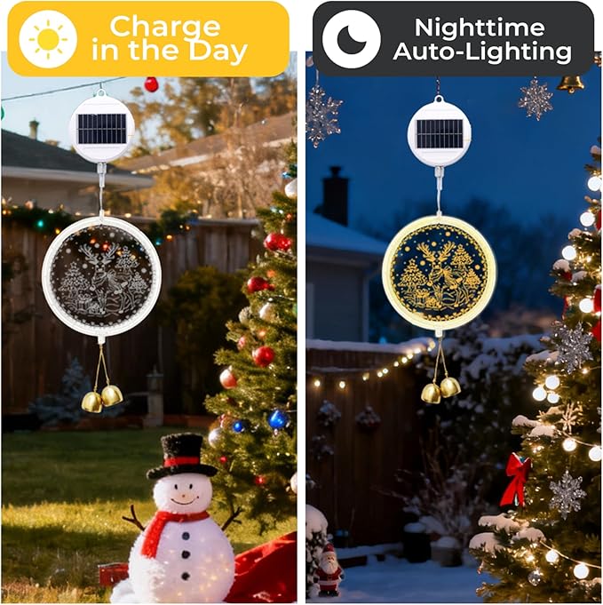 Solar Hanging Lights - Outdoor Indoor Christmas Decorations for Window, Garden, Patio, Porch,Holiday Home Decor, (Reindeer)