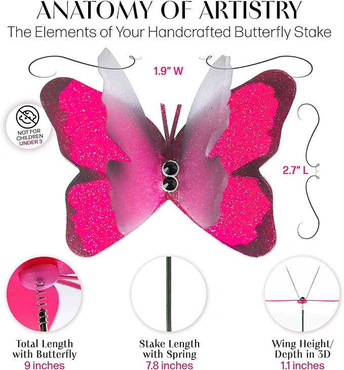 Handmade Pink Butterfly Garden Stakes Set of 7 - Decorative Outdoor & Indoor Plant Decor - Nature Lover Gift Idea by Air Aquarium Kushner