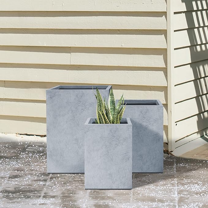 Kante 18.5",15.7",12.6" H Tall Rectangular Concrete Planters Set of 3, Outdoor Indoor Lightweight Plant Pots with Drainage Hole and Rubber Plug, Modern Style for Home Garden Patio, Slate Gray