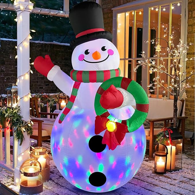 Danxilu 6 FT Christmas Inflatables Snowman Outdoor Decorations with Colorful Rotating LED Lights, Blow up Snow Man Wear Magic Hat with Wreath Xmas Decor for Yard Garden Lawn Porch Holiday Party
