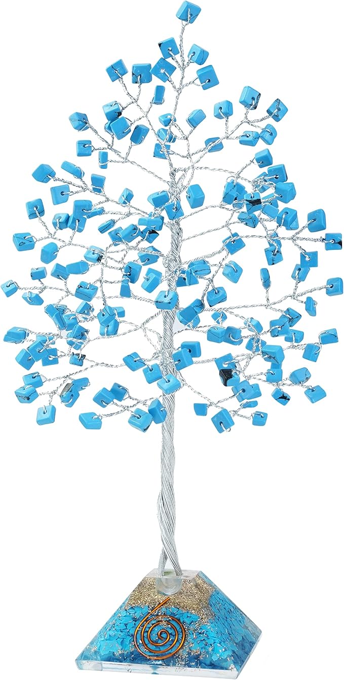 Turquoise Crystal Tree with Orgone Pyramid Base Desk Decor Healing Crystals Bonsai Tree Gifts for Women Office & Shelf Home Room Decor for Mom Sister Girlfriend Present Housewarming