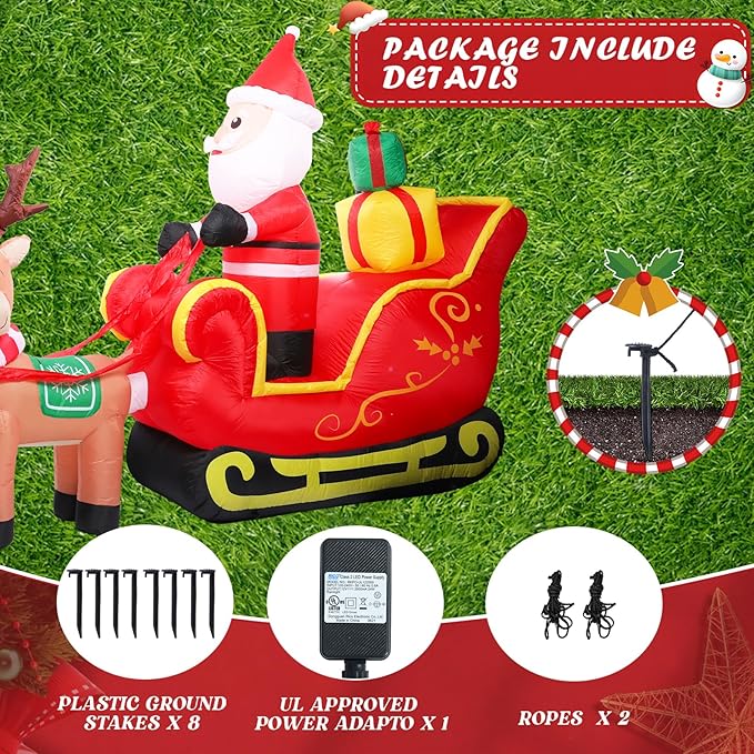 WONDER GARDEN 12FT Christmas Inflatable Outdoor Decorations with Santa Claus on Sleigh and Reindeer Christmas Blow Up Yard Decorations with LED Lights for Xmas Holiday Party Garden Patio Lawn Decor