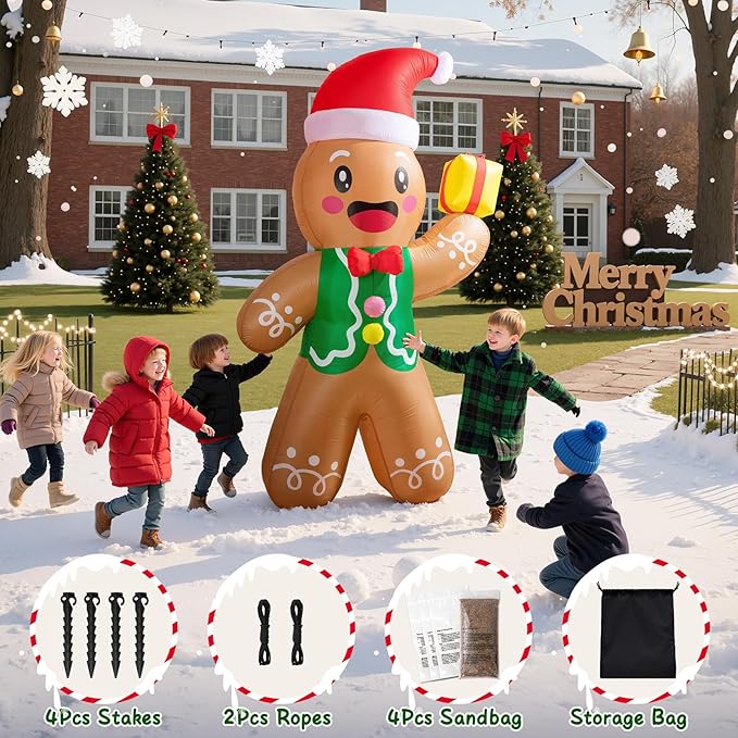 Christmas Inflatables Outdoor Decorations, 8 FT Gingerbread Large Blow Up Yard Decor with 3 LED Lights, Christmas Home Decor Party, Yard, Garden, Lawn Winter Decorations Ornaments