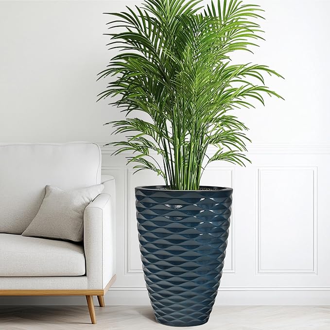 19" Resin Tall Outdoor Planters,Set of 2 Marine Round Large Flower Pot for Plants,Handmade Glossy Finish and Wave Texture,Weather-Resistant for Porch Christmas Decor,Garden, Patio or Indoor Use