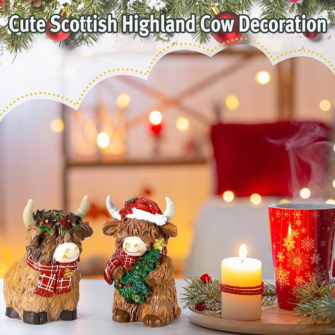 2 Pack Christmas Highland Cow Decor Resin Highland Cow Figurine Christmas Cows Gnomes with Santa's Hat Scarf Resin Statue for Garden Table Shelf Home Decor Calf Gnome Herd Gifts