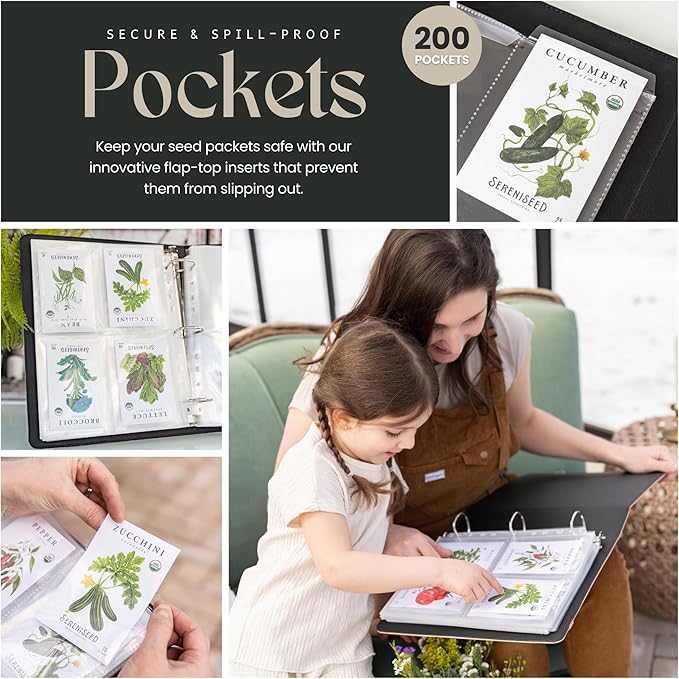 Seed Storage Binder – Seed Packet Organizer w/50 Sheet Protectors & Protective Flap-Top Inserts Stores 200 Envelopes Binder w/5 Dividers for Sorting Seeds & Gardening Supplies