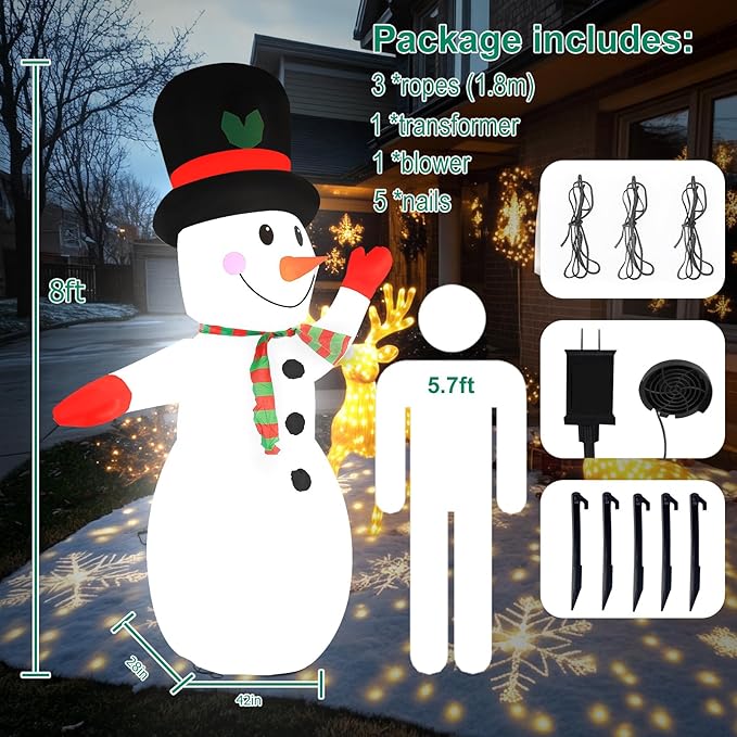 8FT Christmas Inflatable Snowman with Waving Arm & LED Lights, Blow Up Outdoor Winter Decor for Yard, Garden, Lawn, Holiday Party, Xmas Indoor Decoration