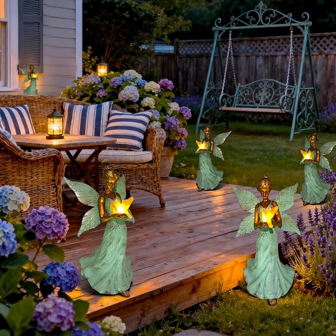 Solar Fairy Garden Statue Decor - Xmas Gifts for Women Mom Grandma Sister Christmas, 10 Inch Leaf Angel Girls Resin Home Decoration with Hummingbird LED Lights for Bedroom Balcony Outdoor Yard Patio