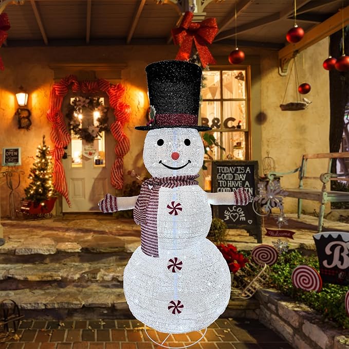 Snowman Light Up Christmas Decoration, 4 Feet Red Theme high Translucent mesh Cloth Material, Suitable for Indoor and Outdoor Patio Holiday Party Decoration