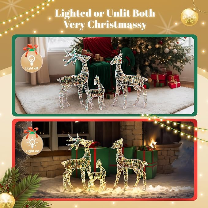 VINGLI 3-Piece Lighted Iridescent Christmas Reindeer Family Set, 3FT Buck Doe Fawn Outdoor Yard Decorations, Pre-lit 110 Warm White LED Lights, Weatherproof Xmas Lawn Garden Home Decor