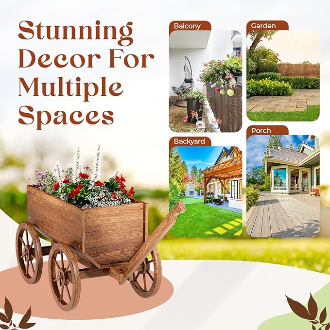 IDZO Wood Wagon Planter for Outdoor Balcony Decor - Garden Rustic Wooden Flower Cart with Wheels for Outside - Garden Decor - Amish Decorative Indoor - Wheelbarrow Planter for Patio