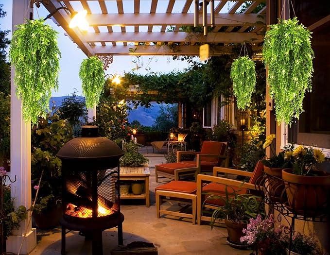 RECUTMS Large Hanging Ferns Artificial Plants Fake for Outdoors Vines with Lights Lavender Flowers Realistic (Green)