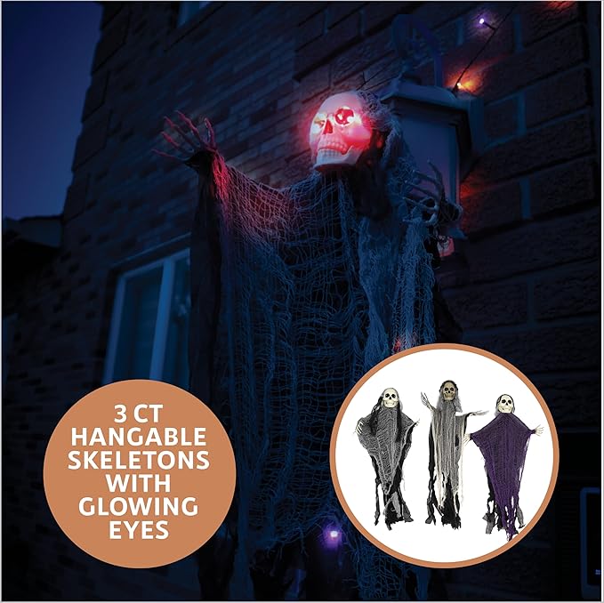50 Piece Halloween Decorations Outdoor Set, All Included Decor Kit, Hanging Skeleton Ghost, Purple & Orange String Lights, Spider Webs, Creepy Cloth, Caution Tape, Pumpkin Lights, Yard & Door Signs