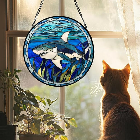 Stained Glass Suncatcher, Blue Ocean Big Shark Sun Catcher Waterweed Stain Glass Window Hanging Decoration Mother's Day Birthday Gifts for Women Men Mom Nana 6.3 in