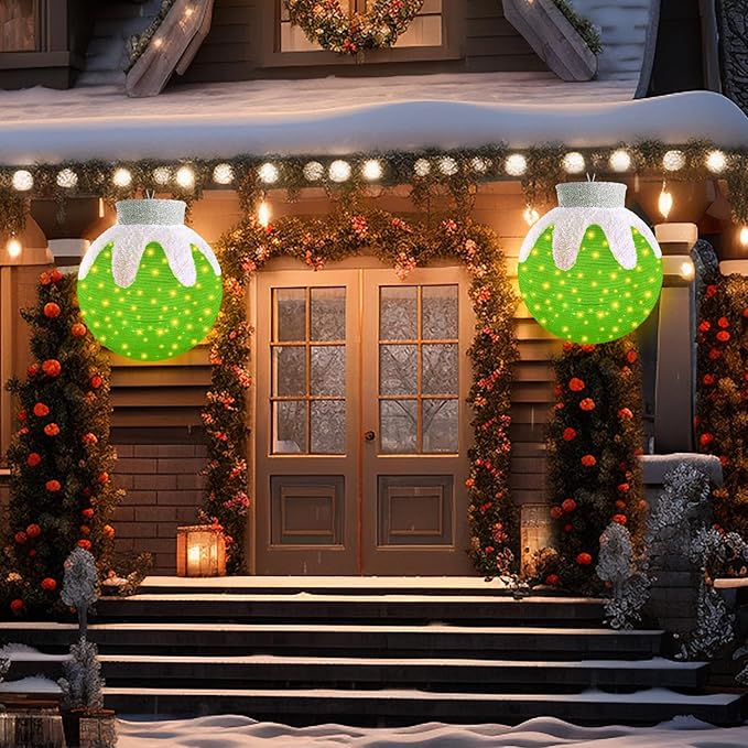 Outdoor Hanging Christmas Ornaments, Lighted Pop-Up Hanging Outdoor Holiday Ball Decoration, 8 Light Modes, Lighted Collapsible Holiday Decorations (Green)