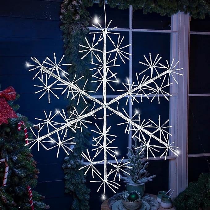Hanging Christmas Snowflake Lights, 30’’ Large Silver Snowflake with 240 Cool White LEDs Twinkle for Indoor Outdoor Decorations