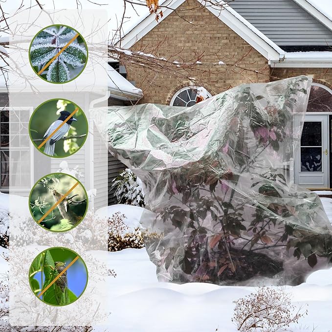 4 PCS Winter Plant Film Covers with Drawstring-31.5" x 35.4" Transparent Freeze Protection Bag Clear Plastic Plant Shelter Waterproof Coverings for Outdoor Garden Plant Rain Snow Frost Protection