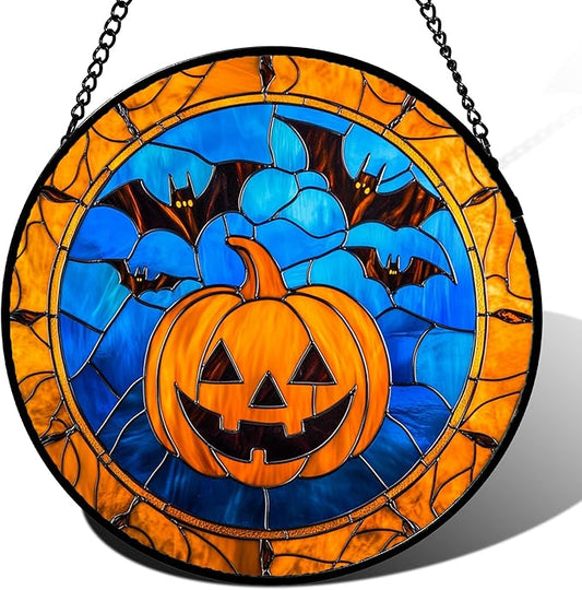 Stained Glass Window Hanging - Halloween Evil Pumpkin Suncatcher for Doors Window Garden Indoor Spooky Brown Bat Sun Catchers Gothic Decor Horror Gifts for Women Men Friend Boy Girl 11.8 in