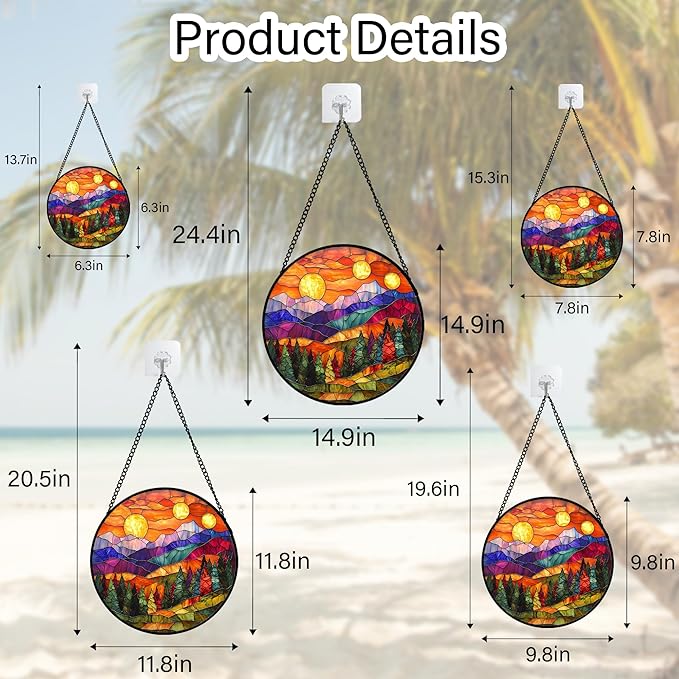 Stained Glass Window Hanging, Sunset Abstract Sun Catchers Colorful Glass Panel Landscape Suncatcher Decor for Birthday for Women, Men, Wife, Aunt, and Mom 14.9x14.9 in
