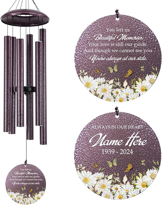 Personalized Sympathy Wind Chimes, 36inch Daisy Butterfly Memorial Wind Chimes, in Memory for Loss of Loved Dad/Mom/Ones, Memorial Gifts Deep Tone Outdoor (Produced in USA)