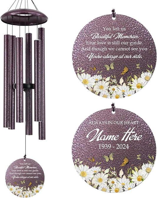 Personalized Sympathy Wind Chimes, 36inch Daisy Butterfly Memorial Wind Chimes, in Memory for Loss of Loved Dad/Mom/Ones, Memorial Gifts Deep Tone Outdoor (Produced in USA)