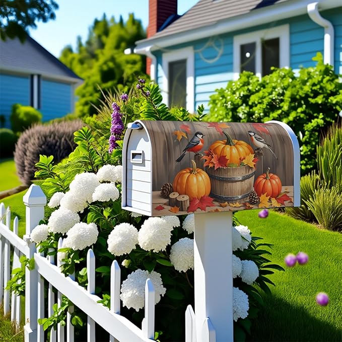 Fall Thanksgiving Day Mailbox Covers Magnetic Standard Size Autumn Pumpkin Birds Maple Leaf Harvest Themed Seasonal Outdoor Decorative Letter Box Cases for Home Garden Outside Decor, 21x18 Inch