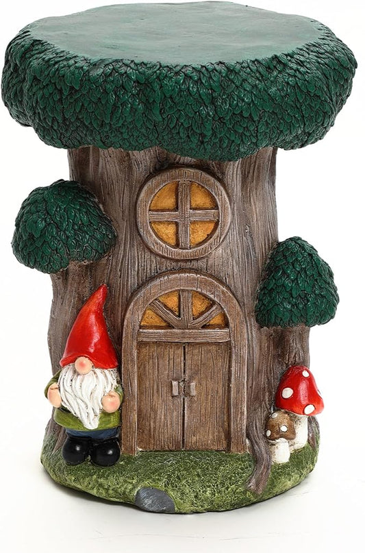 LuxenHome Gnome Garden Statue,17'' Tree House Statue, Outdoor Side Table, Plant Stand for Balcony, Gift, Large Garden Ornaments Yard Decor, Fairy House, Patio Side Table, Sculpture, Tree Stump