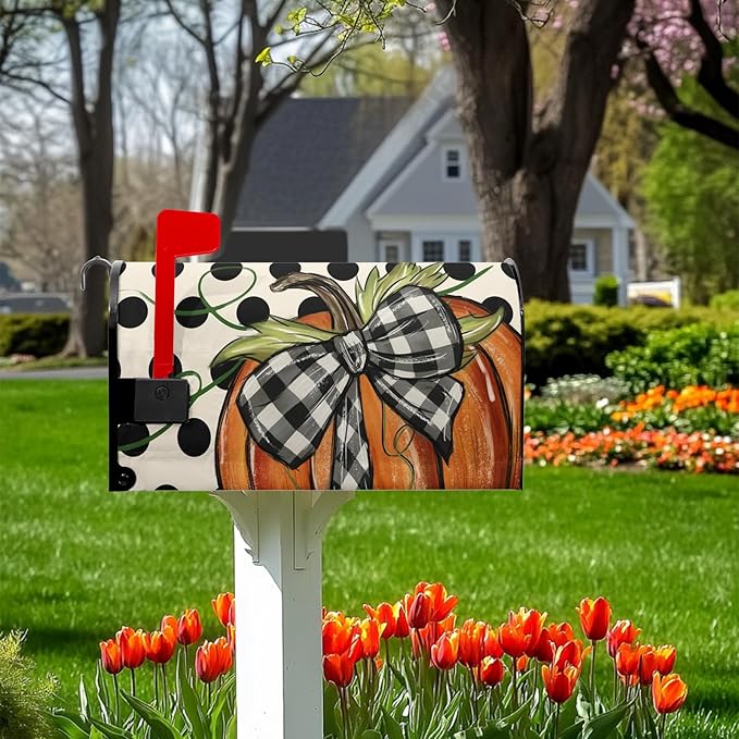Fall Mailbox Covers Magnetic Pumpkin Mail Box Cover Standard Size 21x18 inch Autumn Polka Dot Mailbox Wrap Bowknot Buffalo Plaid Decorative Mailboxes for Outside Garden Yard