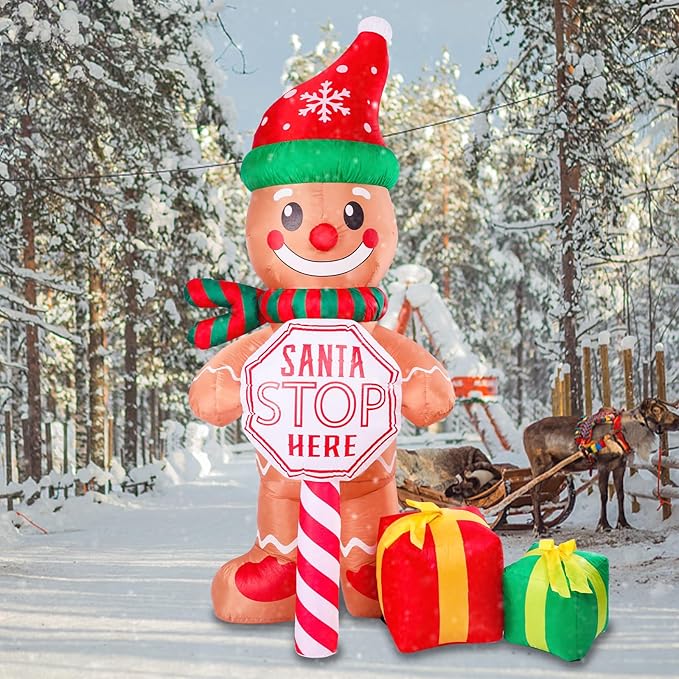 Vipush 7.2 FT Santa Stop Here Sign Christmas Inflatable The Gingerbread Man with LED Lights for Christmas Decorations Indoor Outdoor Yard Lawn Holiday Garden Decorations