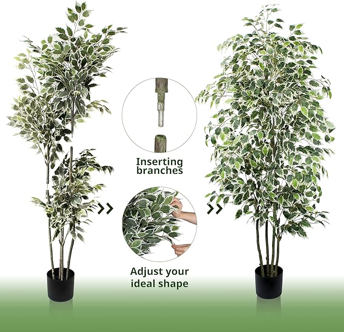 6 FT Artificial Ficus Tree 600 Leaves Faux Plants Indoor Tall with Black Pot Large Fake Tree for Home Office Living Room Decor