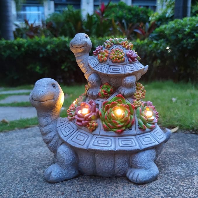 Solar Turtle Garden Outdoor Statues with Succulent and 7 LED Lights, Lawn Decor Tortoise Statue for Patio, Balcony Outdoor Figurines Solar Light， Unique Birthday Gifts for Mom,