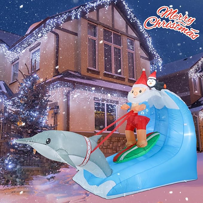 MUMTOP 7.55FT Long Christmas Inflatables Outdoor Decorations, Inflatables Surfing Santa Claus with Penguin Dolphin Blow up Christmas Yard Decoration Built-in LED Lights for Outdoor Party Holiday Decor