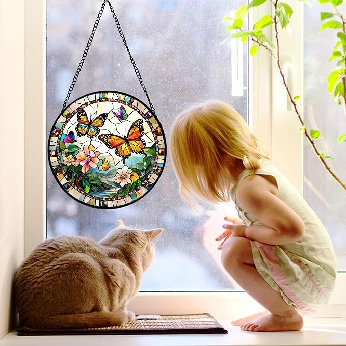 Stained Glass Window Hanging, Butterflies Flying in The Sky Suncatcher for Doors Home Sun Catchers Decoration and Christmas, Mother's Day Birthday Gifts for Women, Men, and Mom 11.8x11.8 in