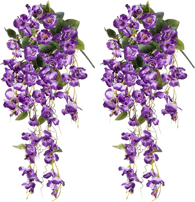 Artificial Hibiscus Fake Hanging Flowers Plants for Outdoors Spring Summer Decor, 2pcs Purple Silk Hibiscus Long Trailing Vines UV Resistant Realistic Faux Flower for Outside Front Door Porch Patio
