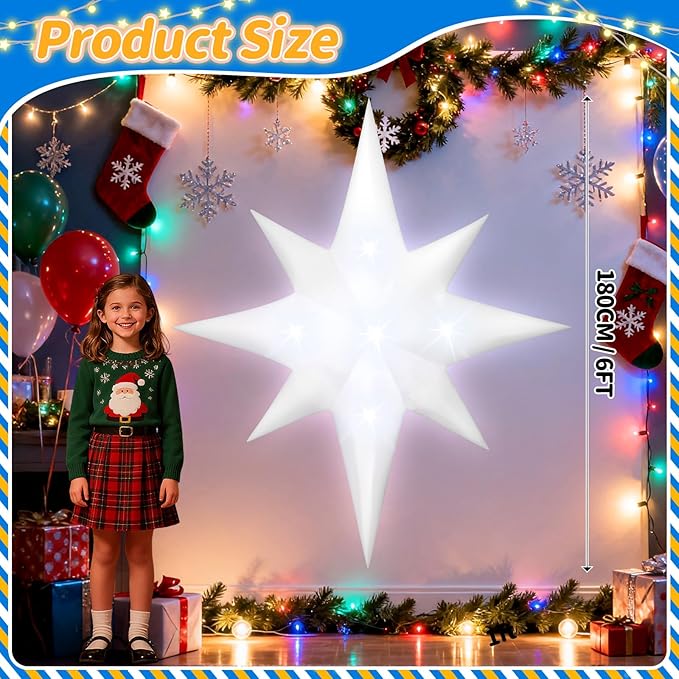 6FT Christmas Inflatable Bethlehem Star Outdoor Decorations Giant Blow Up Hanging Christmas Star Ornaments Winter Inflatables Built-in 5 LED Lights for Xmas Party Supplies Window Roof Wall Yard Decor
